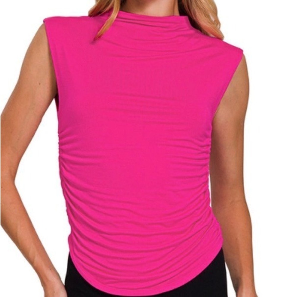 Zenana Womens Hot Pink‎ Ruched Mock Neck Sleeveless Top - S